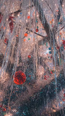 Vertical video panning down illuminated holiday tree in hall with tinsel, LED lights, baubles