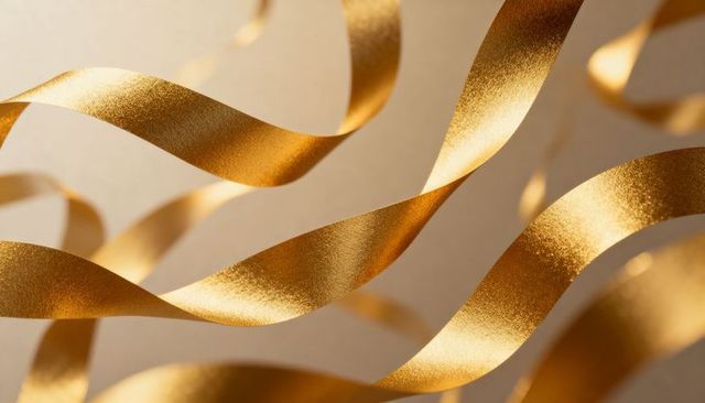 Shimmering gold ribbons curling and twisting on soft beige background luxury decor