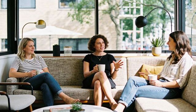 Three women chatting over coffee on modern lounge sofa during casual coworking meeting