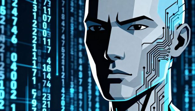 Futuristic ai humanoid with glowing cyan circuitry and numeric data stream in cyberspace