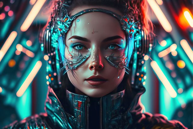 Futuristic female android in neon light setting. Bright lights and advanced technology details make this image perfect for use in sci-fi themes, tech blogs, AI advancements presentations, and cyberpunk-inspired art projects.