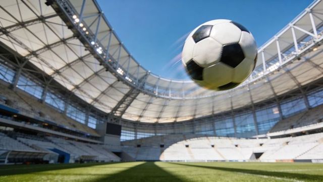Soccer ball flying over stadium pitch with motion blur and empty stands