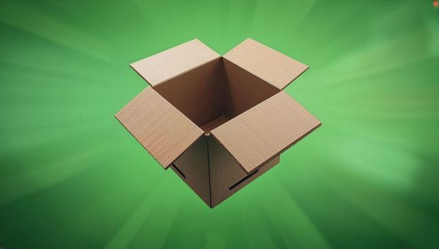 Open corrugated box on green background with light rays