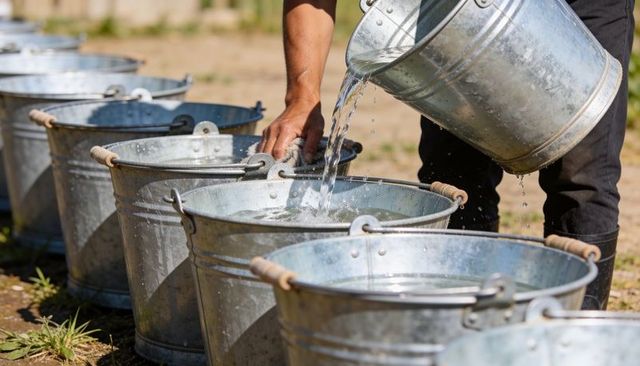 Farmer pouring water into row of galvanized buckets on sunlit farmyard
