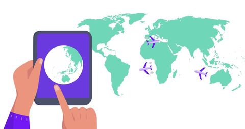 Hands Using Tablet with World Map Interface and Planes - Download Free Stock Images Pikwizard.com