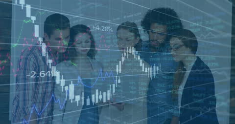 Diverse Business Team Analyzing Digital Finance Data with Holographic Forex Charts