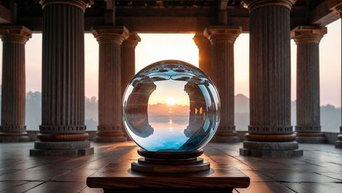 Glass sphere in stone hallway with sunset