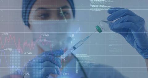 Female nurse withdrawing vaccine dose with syringe and vial, digital hud showing medical data