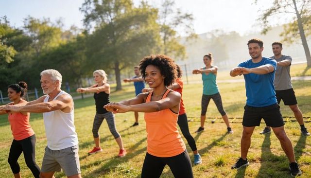 Outdoor group fitness class squatting in park with smiling leader using agility ladder