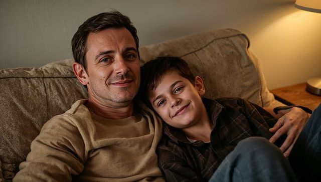 Father and son cuddling on living room couch, evening lamp light creating warm family moment