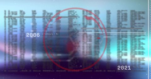 Futuristic data HUD displaying global timeline and red circular reticle with neon grid
