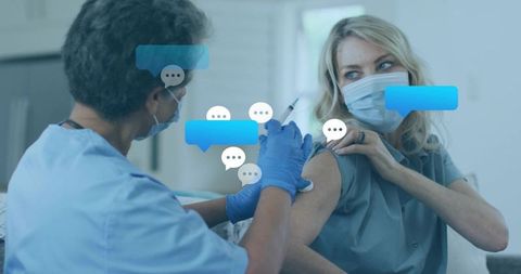 Nurse administering vaccine in clinic with chat graph overlay