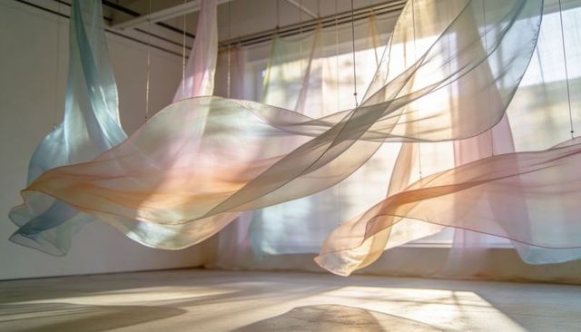 Drifting Pastel Silk Waves Hanging Installation with Sunlit Sheer Fabric Panels
