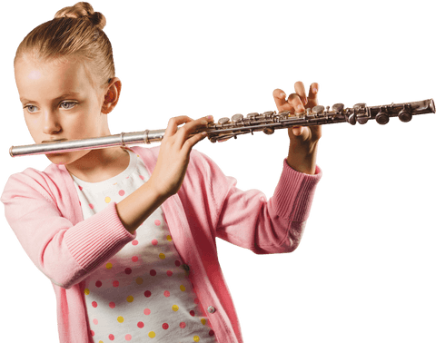 Young girl playing flute isolated on transparent background