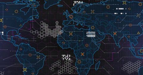 Displaying stylized world map dashboard with hex clusters, neon cyber network analytics overlay