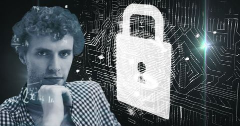 Cybersecurity concept with man and digital padlock