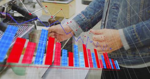 Tapping card at cafe counter with overlaid sales analytics and espresso equipment