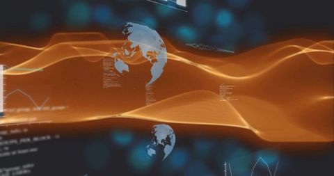 Streaming data wave visualization with global network overlay and abstract tech dashboard