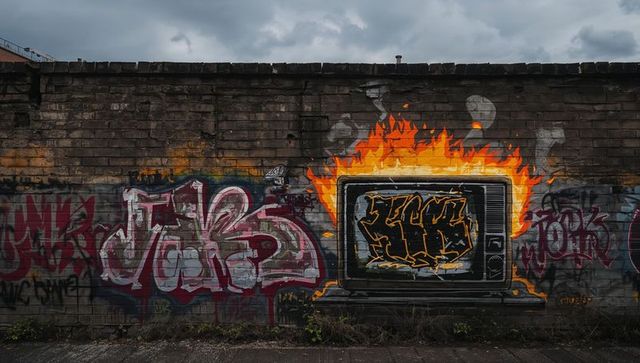 Flaming TV Graffiti Mural on Brick Wall with Urban Vibe