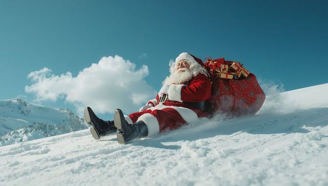 Santa claus sliding down snowy mountain with sack of gifts
