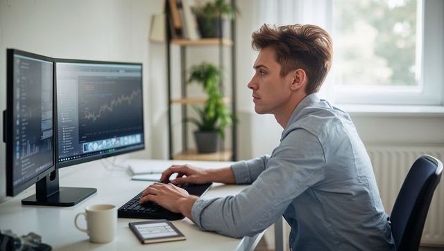 Young Programmer Analyzing Financial Charts on Dual Monitors in Bright Home Office