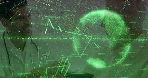 Green holographic globe and medical data overlay with doctors using tablet for diagnostics