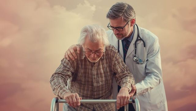 Geriatric care professional supporting senior patient with surgery