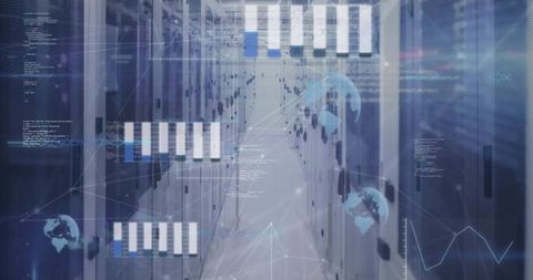 Digital interface over modern server room with global connections