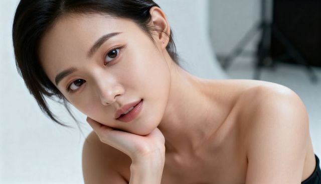 Tilting asian woman resting chin on hand in soft-light minimal beauty portrait studio