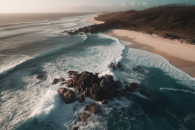 Aerial view of a rugged coastline with rocks and ocean waves crashing against them. The sun is shining on the expansive shoreline with sand meeting the vast stretching waters. Perfect for use in travel magazines, tourism brochures, nature and landscape blogs, articles on coastal preservation, or relaxation and vacation advertisements.