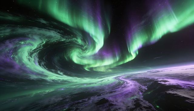 Swirling Aurora Vortex Over Icy Arctic Plains Casting Green and Purple Night Glow