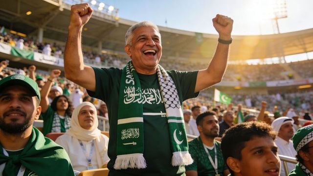 Senior supporter cheering with green scarf featuring arabic script and crescent in stadium