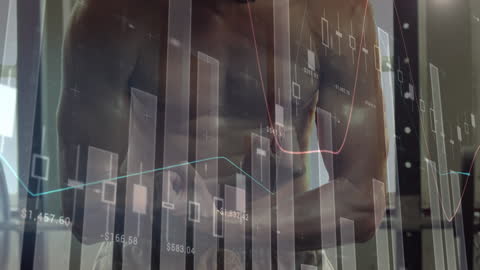 Muscular Athlete Behind Virtual Financial Data Display