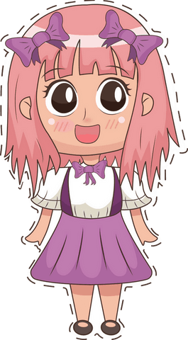 Chibi anime girl with pink hair and purple dress on transparent background