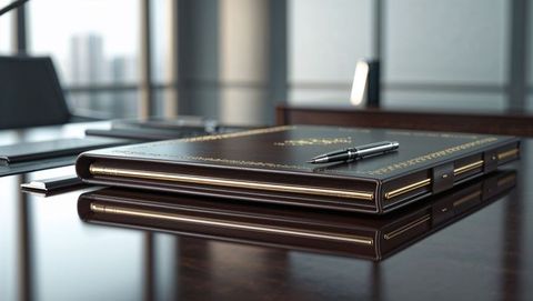 Elegant leather portfolio and silver pen on glossy wood table