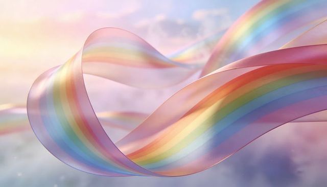 Ethereal rainbow silk ribbon flowing through pastel sky with bokeh and soft lens flares