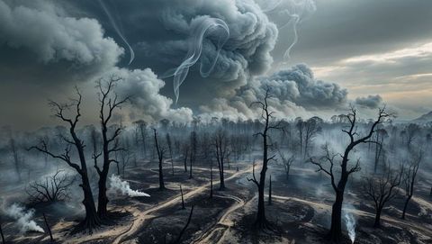 Desolate forest in apocalypse aftermath with smoke and charred trees
