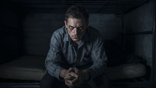 Pensive Man Clasping Hands in Dimly Lit Bunk Room