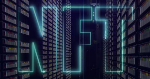 Neon NFT Text Overlaying Futuristic Server Room - Download Free Stock Images Pikwizard.com