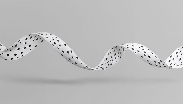 Undulating polka-dot ribbon flowing across gray backdrop for minimalist design