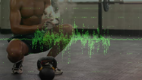 Fitness and Finance: Man with Data Hologram in a Gym Environment