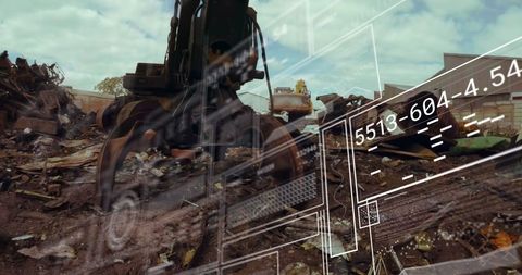 Data Processing Overlay with Hydraulic Lifting Machine at Junkyard