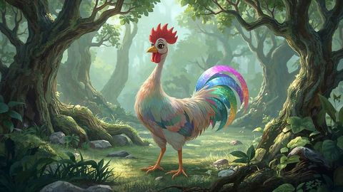 Vibrant cartoon chicken with pastel feathers in enchanted forest