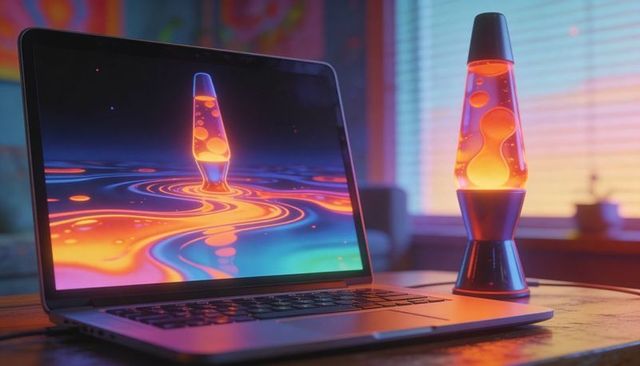 Lava lamp glow mirroring on laptop screen ambient neon desk scene with retro warm lighting