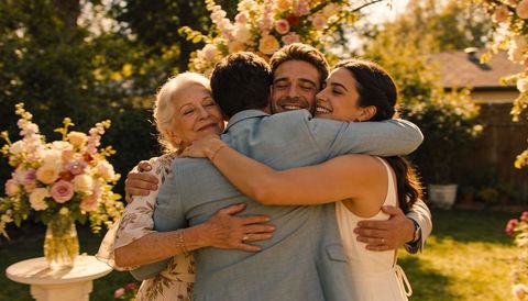 Family embracing at backyard wedding under pastel floral arch, golden sunset warmth