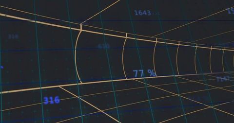 Rendering wireframe tunnel receding right with golden arches, cyan grid 77% readout