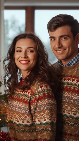 Smiling Couple Wearing Matching Christmas Sweaters Posing by Window with Tree, Vertical Clip