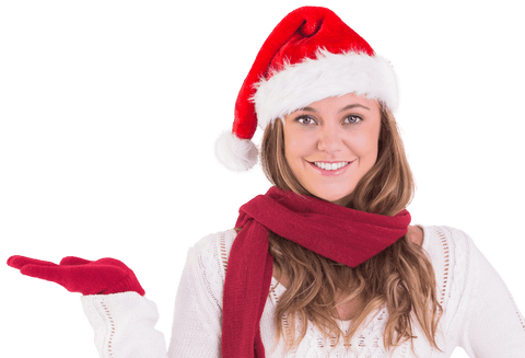 Smiling Woman in Santa Hat Presenting Christmas Joy Transparent Background - Download Free Stock Videos Pikwizard.com