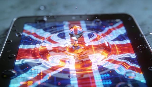Macro water droplet creating crown splash on tablet display reflecting union jack pixels