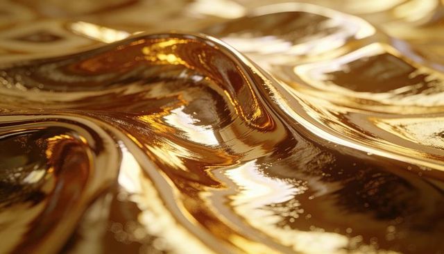 Shimmering liquid gold waves glossy metallic texture with warm highlights and ripples